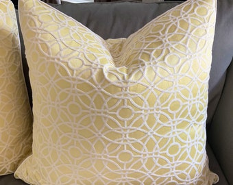 Yellow pillow cover Euro 26 inch pillow sham geometric lattice designer fabric with zipper and white corded edge