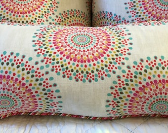 Medallion red white pillow cover circles pink yellow green blue 22x10 inch designer handmade Candyland pink green striped edge