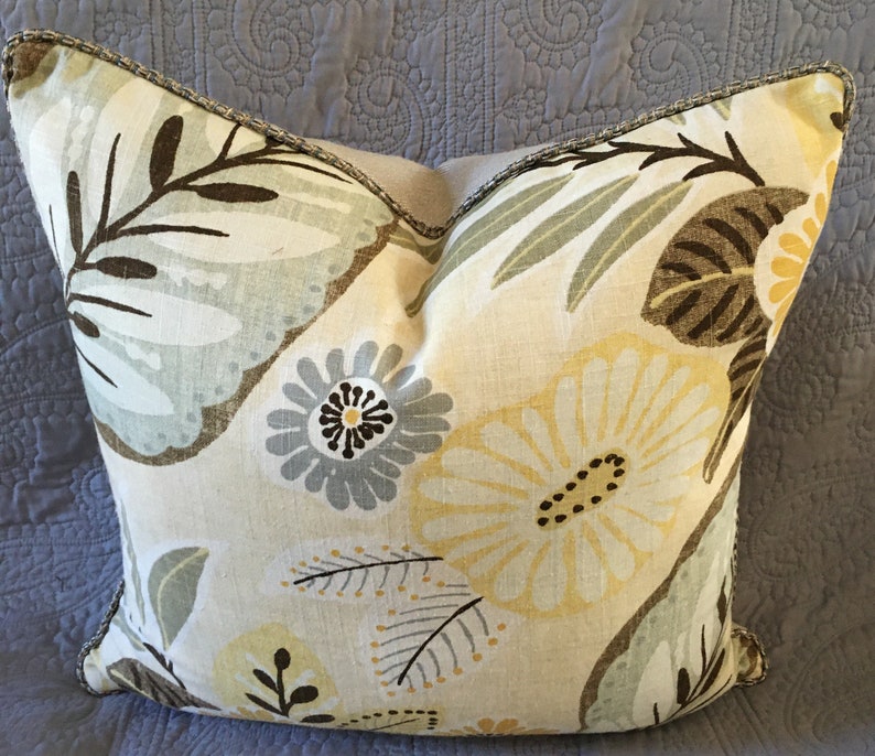 Cream ivory grey yellow brown modern floral leaf designer throw pillow cover 19 inch square with corded edge