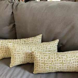 Green Greek key lumbar pillow 18x9 inch rectangle bright green velvet type designer fabric polyfil stuffing image 3