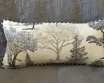 Trees grey white pillow cover silver black on white linen decorator fabric 19x9 inch rectangle + black white striped corded edge + zipper