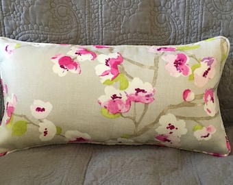 Cherry blossom pillow lumbar 17x9 inch || Sakura White Tea Braemore Robert Allen print || pink grey white pillow || Polyfil insert || zipper