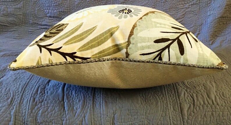 Cream ivory grey yellow brown modern floral leaf designer throw pillow cover 19 inch square with corded edge