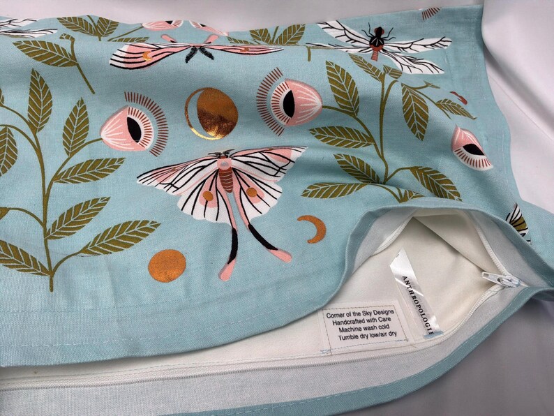 Anthropologie Butterfly Luna Moon Pillow with Polyfil Insert • Copper Floral Boho Eclectic Decor Blue Cotton (18x11 Insert Space) image 4