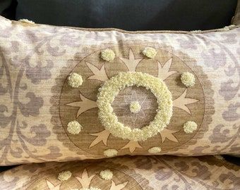 Gold yellow medallion pillow cover 22x12 rectangle embroidered yellow yarn accent corded edge designer Tribal Thread by 3 Park fabric