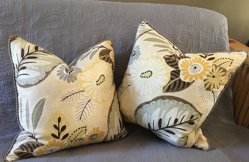 Cream ivory grey yellow brown modern floral leaf designer throw pillow cover 19 inch square with corded edge