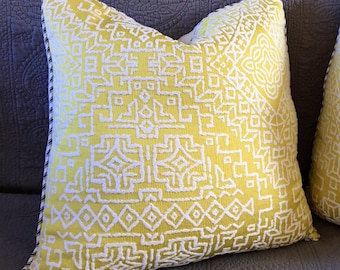 Yellow white pillow cover 22 inch square graphic Aztec design + white faux fur/minky back + black white stripe corded edge + zipper