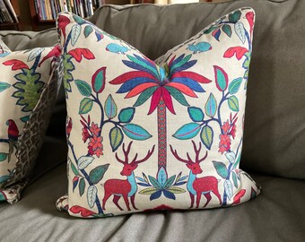 Red blue green elk pillow cover leafy palm print 21 inch square Elk Park Linen