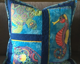 Coastal pillow cover nautical blue green pink yellow quilt art Paradise Falls fish turtle seahorse designer print Euro sham 27” square + zip
