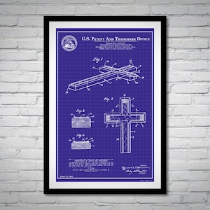 May include: A blue and white blueprint style illustration of a patent for a "Decorative Cross Structure". The patent number is 3,646,506 and the date is June 13, 1972. The illustration shows a cross made of four pieces of wood.
