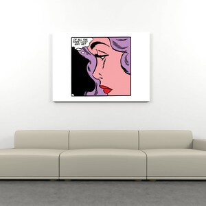 May include: A pop art style illustration of a woman's face with purple hair and a thought bubble that says "Of all the guys I've met... why him?"