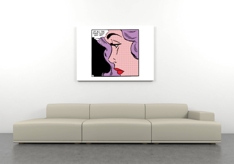 May include: A pop art style illustration of a woman's face with purple hair and a thought bubble that says "Of all the guys I've met... why him?"