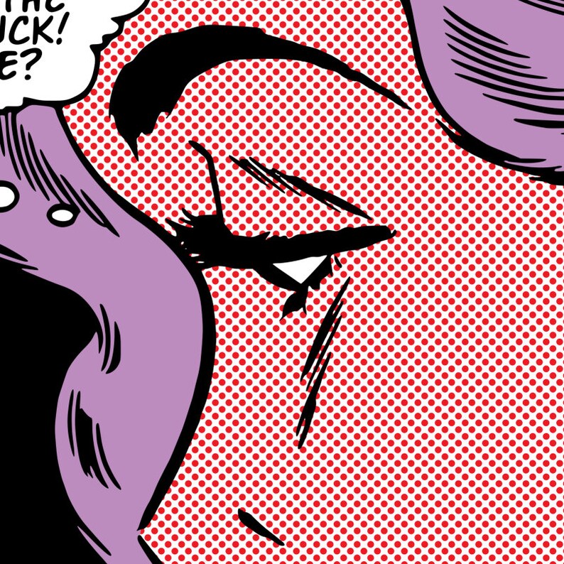 May include: Close-up of a woman's face in a comic book style with a thought bubble that says "What the heck!?"