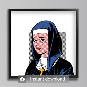以下が含まれることがあります： 青い黒の修道女の服を着た女性のポップアートスタイルのイラスト。彼女は白い頭巾をかぶり、泣いています。彼女は金の十字架のネックレスをしています。