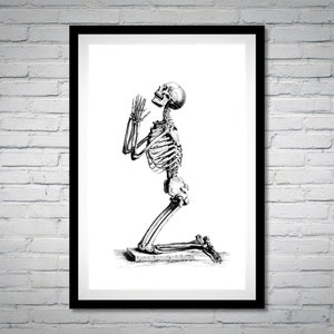 May include: Black and white anatomical illustration of a skeleton kneeling with its hands clasped in prayer.