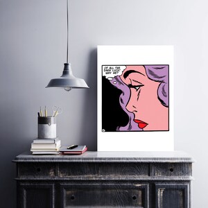May include: A comic book style illustration of a woman with purple hair and red lips. She is looking to the side with a sad expression. A thought bubble above her head says "Of all the darn luck! Why me?"