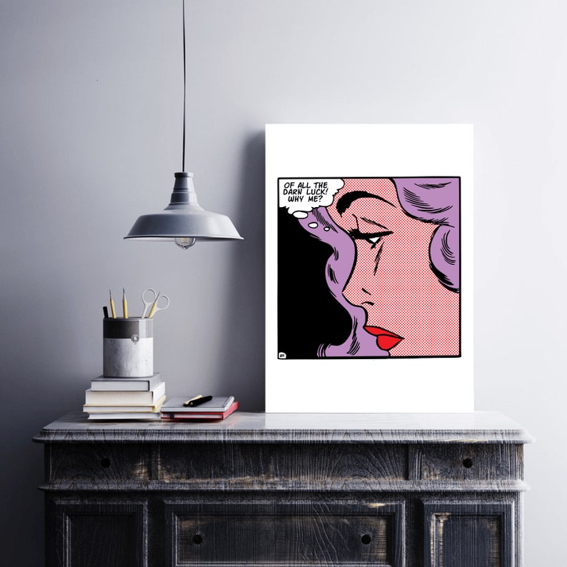 May include: A comic book style illustration of a woman with purple hair and red lips. She is looking to the side with a sad expression. A thought bubble above her head says "Of all the darn luck! Why me?"