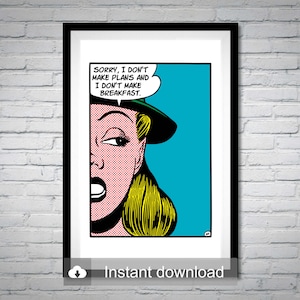 Customizable Pop Art | &quot;No Plans No Breakfast&quot;  Vintage Comics Digital Print Download | Roy Lichtenstein Style