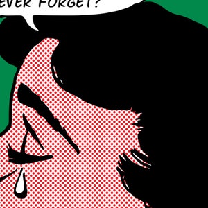 K&ouml;nnte beinhalten: Eine Comic-Illustration in Schwarzwei&szlig; von einer Person mit rotem Punktmuster im Hintergrund. Die Person weint und die Sprechblase sagt "NIEMALS VERGESSEN!"