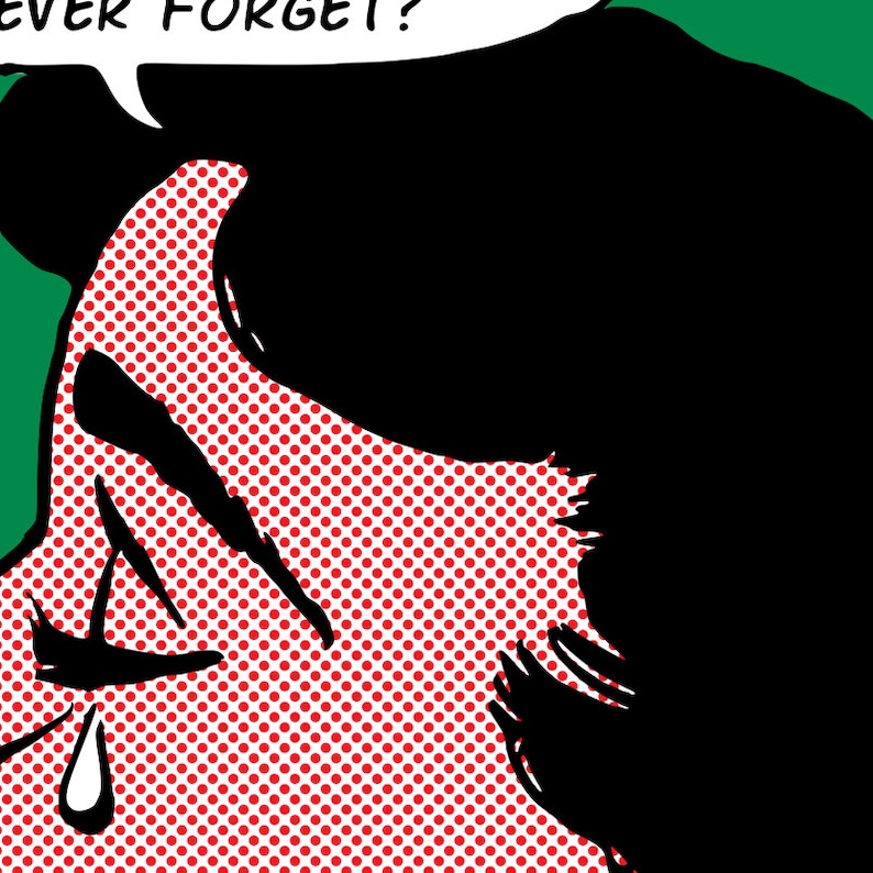 K&ouml;nnte beinhalten: Eine Comic-Illustration in Schwarzwei&szlig; von einer Person mit rotem Punktmuster im Hintergrund. Die Person weint und die Sprechblase sagt "NIEMALS VERGESSEN!"