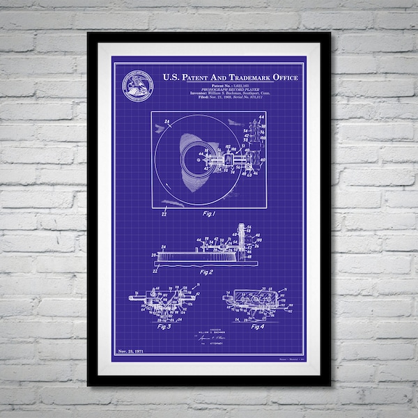 Turntable Patent Digital Print | 3 colors (Blue, Gray, Khaki) | Music Invention Technical Drawing Digital Poster Download