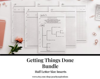 GTD Bundle, Getting Things Done, Half Letter Size, Printable Planner Bundle, PDF Inserts, Refills, Pages, Sheets for Ring /Disc Binder