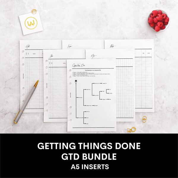 Printable GTD Bundle, Getting Things Done, A5 Printable Planner PDF, Planner Inserts, Refills, Pages, Sheets, A5 Ring/ Disc Binder Inserts