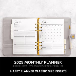 2025 Monthly Planner 2025 Monthly Calendar Happy Planner Classic Printable Planner PDF Planner Inserts Dated Month On One Page Monday Start