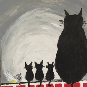 Original hand painted 11x15, acrylics on watercolor paper, Cat and her kittens, free shipping