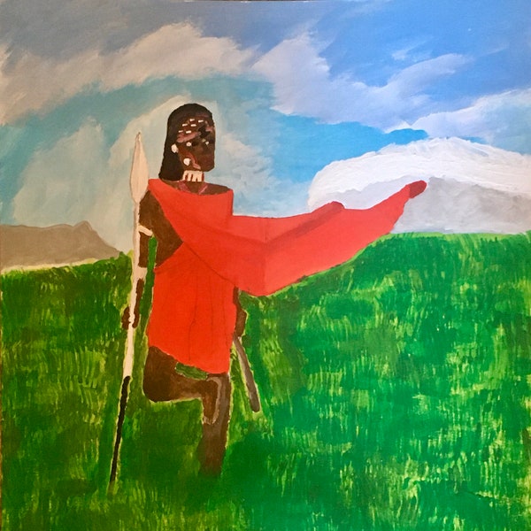 Maasai Warrior, hand painted, 15x11 unframed, acrylics on watercolor paper,, free FedEx shipping, optional gift wrap