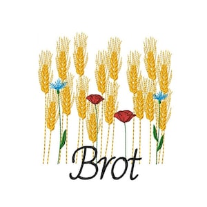 Könnte beinhalten: Eine Stickerei mit Weizenähren, roten Mohnblumen und blauen Kornblumen mit dem Wort "Brot" in schwarzer Schrift.