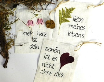 A declaration of love. Embroidery file for the embroidery frame 10 x 10 cm/4 x 4 in 3 different designs. Text in German.