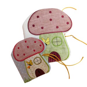 Mushroom House 18 x 30 cm/7 x 12" ITH, Organizer - ITH fold-out design with mushroom motif and brimstone butterfly. Embroidery file ITH