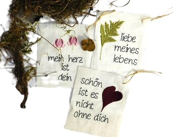 Una declaración de amor. Archivo de bordado para el bastidor de bordado 10 x 10 cm/4 x 4 en 3 diseños diferentes. Texto en alemán.