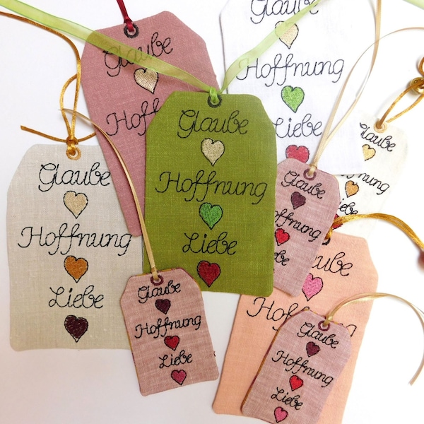 ITH Anhänger Glaube, Hoffnung, Liebe in 3 verschiedenen Grössen. Stickdatei.