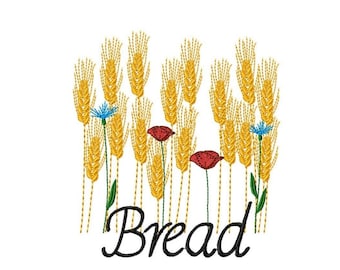 Ears of wheat, poppies, cornflowers and the words "Bread" in English. Embroidery file.