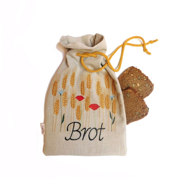 Bread bags in 4 sizes, ITH, embroidered with a wheat field and the words "Brot" in German.