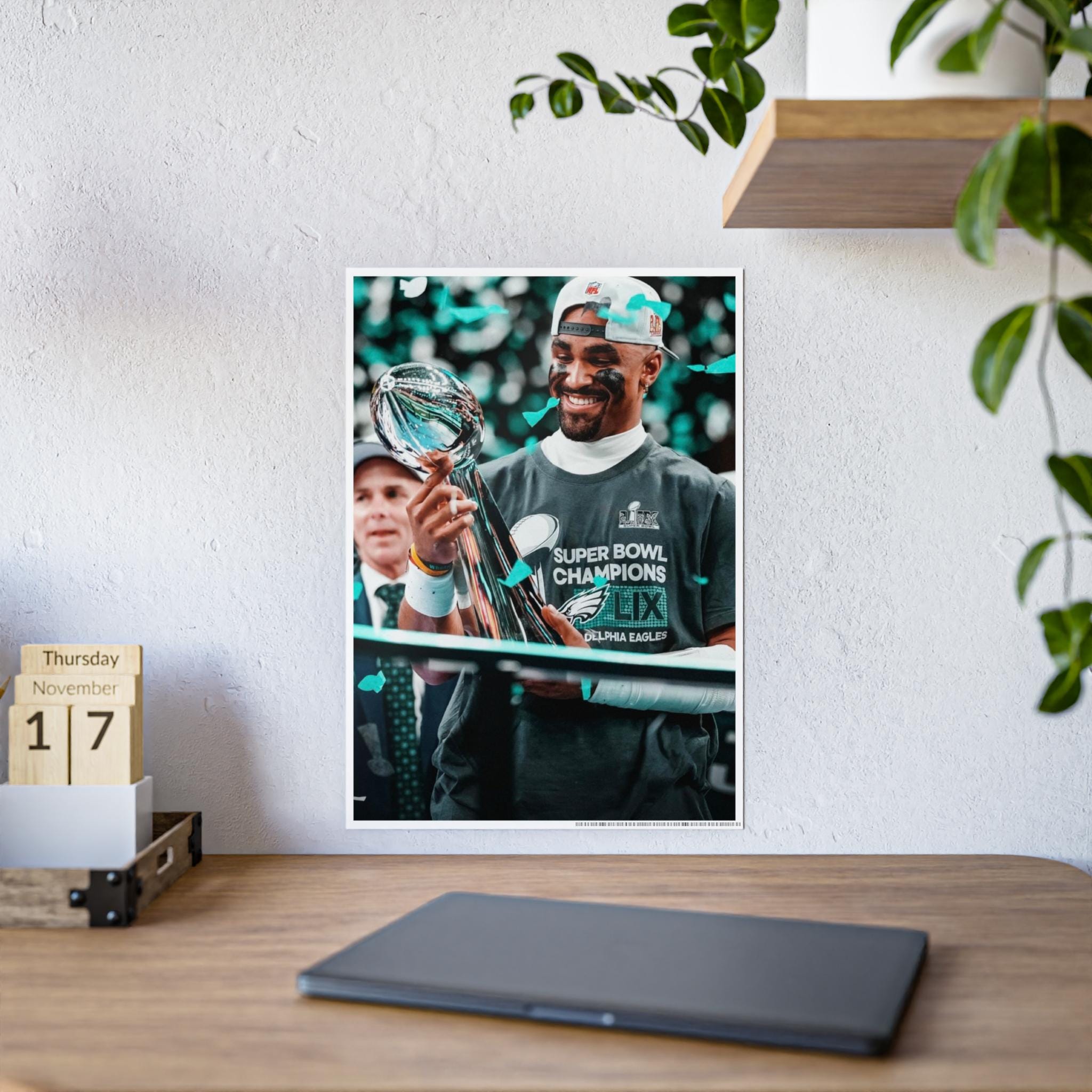 Philadelphia Eagles Super Bowl LIX 59 Champions Jalen Hurts Postgame Celebration on Stage with Trophy Poster, Multiple Sizes Available