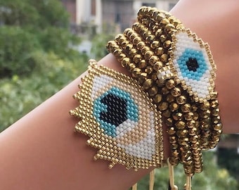 Gold Miyuki Delica Seed Beads 1 Beaded Evil Eye Charm chs6360 2/"