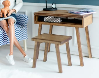 1:12 scrivania per Computer in miniatura per casa delle bambole Set di sedie da scrivania per ufficio modello di mobili in legno per accessori per la decorazione della scena della casa delle