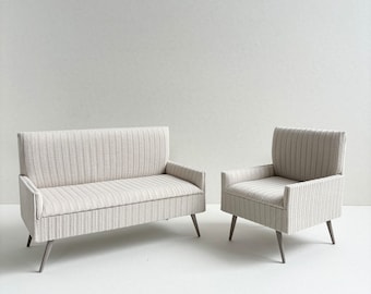 1/6 scale set miniature furniture. sofa armchair anf pouffe. Recycled fabric.