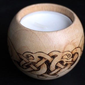 Handmade Wooden Tea-Light Holder with burned Celtic design/candle holder with Celtic knotwork