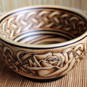 Turned wooden bowl with burned Celtic ornament/celtic rose burned on maple bowl/Celtic bowl/Bowl with Celtic knotwork/Pagan bowl/spiral