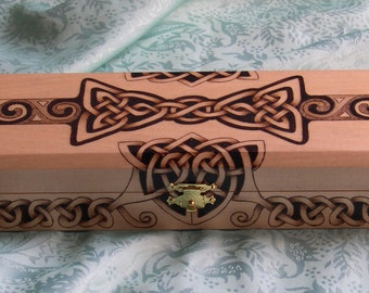 Long wooden box with Celtic burned knotwork/woodburned box with Celtic bow/box with Celtic ornament/fantasy box
