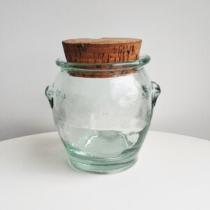 Può includere: Un barattolo in vetro trasparente color verde chiaro con corpo arrotondato, bocca larga e due piccole maniglie laterali. Il barattolo è chiuso da un tappo in sughero spesso e cilindrico che si inserisce nell'apertura per sigillare il contenitore.