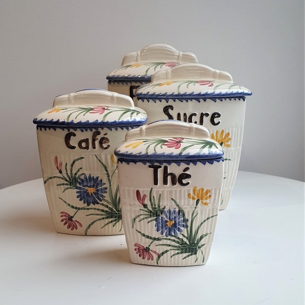 Series of spice jars//vintage spice pots//salt pot pepper//ceramic pots//pots with lids//shabby chic decoration//tea//sugar//