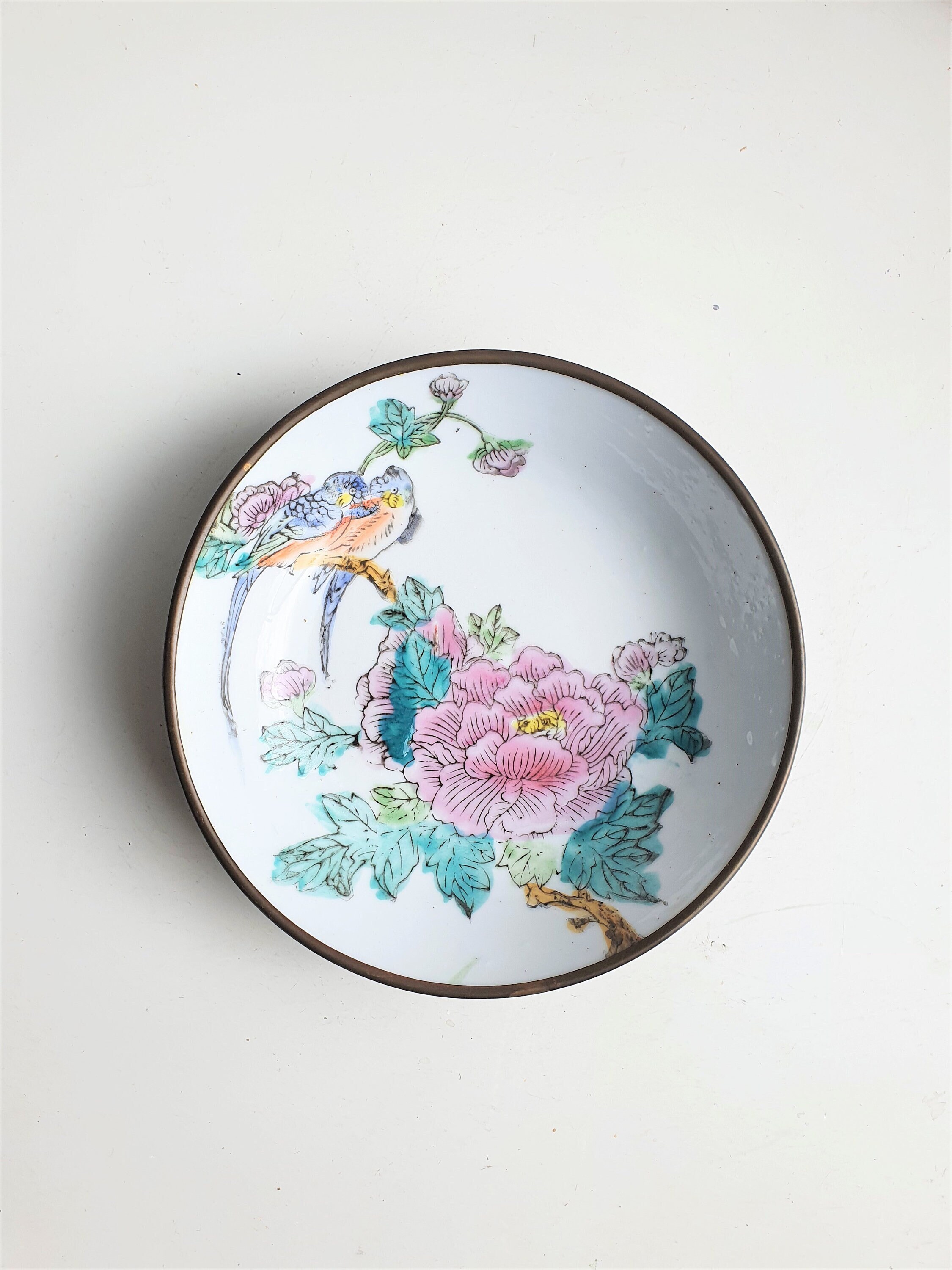 Coupe en Laiton et Porcelaine Ancienne//Coupe Décorée//Coupe Perroquets//Perroquet//Décoration Laito