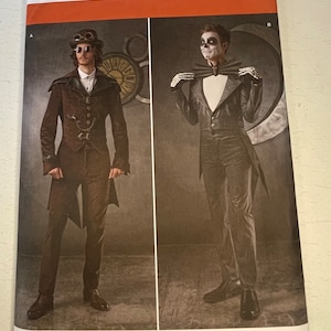 May include: Simplicity sewing pattern number 1039 AA for a men's costume. The pattern includes two options: a steampunk-inspired costume with a brown jacket, vest, and pants, and a skeleton-themed costume with a black jacket, vest, and pants. The pattern is designed and printed in the USA.