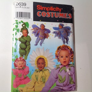 May include: Simplicity Costumes sewing pattern number 0639, size A, for making baby costumes. The pattern includes four different costumes: a pea pod, a butterfly, a daisy, and a flower. The pattern is illustrated with photos of babies wearing the costumes.