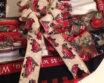 Sale: Christmas RED TRUCK Beautiful Large BOW...Burlap-look Farmhouse decor.- handmade
